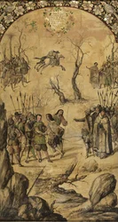 Podbój Meksyku Hernana Cortesa par Gonzaleza, Miguela i Juana (czynny koniec XVII w.). Olej na drewnie, rozmiar : 97x53