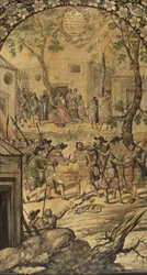 Podbój Meksyku autorstwa Hernana Cortesa par Gonzaleza, Miguela i Juana (aktywny koniec XVII w.). Olej na drewnie, rozmiar : 97x53