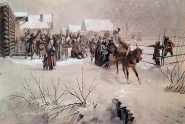 Car Aleksander II (1818-1881) na saniach przejeżdża przez wieś pod śniegiem Akwarela Mihaly von Zichy (1827-1906) XIX w. Sankt Petersburg, Chateau de Peterhof