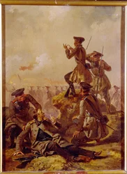 Scena z wojny krymskiej (1853-1856). Za linią wojsk frontowych oficerowie, w tym jeden ranny, obserwują pole bitwy. Obraz Mihalyego Zichyego (1827-1906), około 1850. Sztuka węgierska