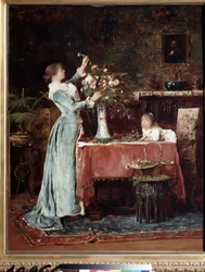 "La composition du bouquet" (Komponowanie bukietu) Kobieta z klasy średniej (Węgierka?) przygotowująca bukiet kwiatów, patrząca na nią córka. Obraz Mihaly Munkacsy (1844-1900) ok. 1880 Muzeum Puszkina w Moskwie