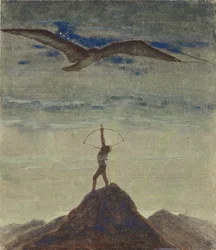 Znak Strzelca (z cyklu „Zodiak”) par Ciurlionis, Mikalojus Konstantinas (1875-1911). Tempera na papierze, format : 35,3x30,1
