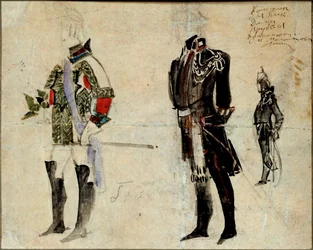Męskie kostiumy przygotowawcze do opery „Dama pikowa” Piotra Czajkowskiego (1840-1893) (projekt kostiumu do opery Dama pikowa P. Czajkowskiego) - Dzieło Michaiła Aleksandrowicza Wrubla (Vroubel) (1856-1910) .), ołówek, akwarela i guma