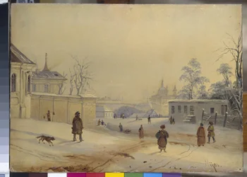 Wzgórze Władimira w kijowie (Wzgórze Władimira (Władimirskaja Gorka) w kijowie). Krajobraz pod śniegiem. Praca Michaiła Makarowicza Sazhina (1818-1887), olej na tekturze. XIX-wieczna sztuka rosyjska. Państwowe Muzeum Rosyjskie, Sankt Petersburg