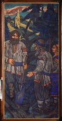 Wesele Wielkiego Księcia Włodzimierza I Światosławicza (zwanego Wielkim lub Czerwonym Słońcem, 958-1015) (Wesele Wielkiego Księcia Włodzimierza I Światosławicza) Władimir z łopatą rozmawia z parą chłopów - Obraz Michaiła Nikołajewicza Jakowlewa (1880) -1