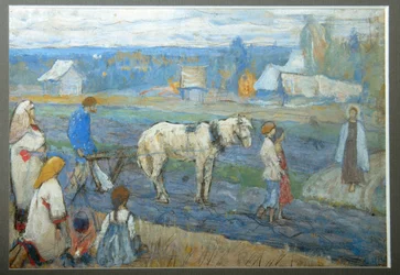 Na polu (Rolnicy przerywają prace rolnicze przed pojawieniem się Jezusa po drodze) (Na polu) - Obraz Michaiła Wasiljewicza Niestierowa (1862-1942), gwasz na tekturze (15,8x24 cm)