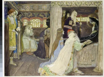 Śmierć wielkiego księcia Aleksandra Newskiego (1220-1263). (Zgon wielkiego księcia Aleksandra Newskiego). Praca Michaiła Wasiljewicza Niestierowa (1862-1942), akwarela i gwasz na papierze