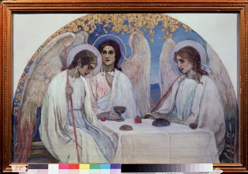 Gościnność Abrahama. Trójca Starego Testamentu. Przedstawienie trzech aniołów, którzy ukazali się Abrahamowi w pobliżu Chene de Mambre. (Gościnność Abrahama (Trójca starotestamentowa). Obraz Michaiła Wasiljewicza Niestierowa (1862-1942), olej na płótnie.