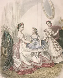 Dwie kobiety i mała dziewczynka w najnowszych modach halowych, ok. 1860 r