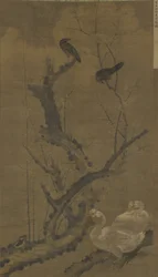 Mynahs, gęsi i kwitnąca śliwka