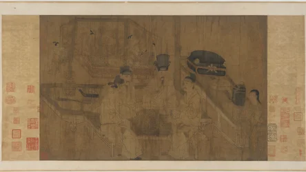 Podwójny ekran: Cesarz Li Jing oglądający swoich braci grających weiqi (tusz i kolor na jedwabiu)