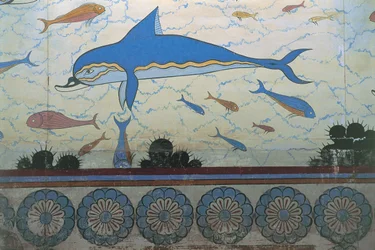 Zbliżenie malowidła ściennego w pałacu, pałac Minosa, Knossos, Kreta, Grecja