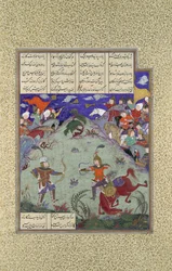 Walka Rustama i Ashkabusa, Folio 268v z Księgi Szahnamy z..., ca. 1525-30.
