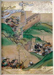 Epizod zmagań imperialnych w Japonii (1308-1368). Miniatura szkoły Tosa (XVII w.) ze złotymi listkami i masą perłową ostryg. Prywatna kolekcja