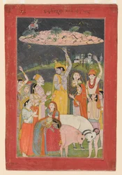 Kryszna trzymający górę Govardhan, szkoła Pahari (obraz)