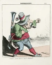 Latający liść, nr 5, Satyryka w kolorach, ok. 1870: Badingoscope - Komuna Paryska/Wojna/Oblężenie, Polowanie, Prezydent Republiki - Napoleon III - Ilustracja Molocha (1849-1909)