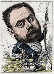 Portret Emila Zoli (1840-1902) francuskiego pisarza w „Le Trombinoscope” Touchatout, karykatura B. Molocha z 1882 (1849-1909). Prywatna kolekcja.