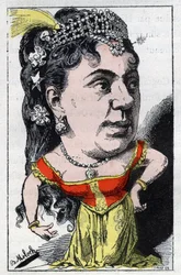 Portret Emmy Valladon dit Theresa (1837 -1913) śpiewaczki francuskiego kabaretu w „Le Trombinoscope” Touchatout, rysunek B. Molocha z 1882 (1849-1909). Prywatna kolekcja.