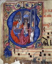 Ms 543 f. 114v Historyczny inicjał „S” z intronizowaną Madonną z Dzieciątkiem, z psałterza, ok. 1515 (welum)