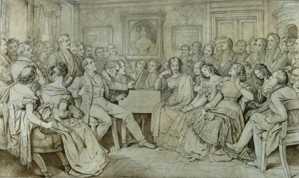 Wieczór u barona Spauna, Schubert przy fortepianie, tenor Johann Michael Vogl śpiewa ... (atrament, sepia)