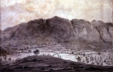 Panoramiczny widok na Derwentwater i dolinę Keswick, fragment gór, ok. 1772 (ołówek i pranie na papierze) (zob. 92086-90)