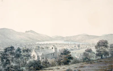 Widok na basen Bala, Llyntagit, z góry kościoła Llanfawr, Meirionethshire