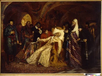 Metropolita konsekruje cara Rosji Iwana IV, znanego jako Le Terrible (1530-1584) (metropolita poświęca cara Iwana Groźnego Wielkiemu Schematowi). Obraz Moisei Lvovich Maimon (1860-1924), olej na płótnie