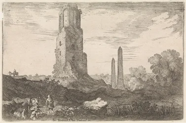 Krajobraz z dwoma obeliskami i „Torre delle Militia” Arkadyjskie pejzaże (tytuł serii)
