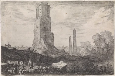 Krajobraz z dwoma obeliskami i „Torre delle Militia” Arkadyjskie pejzaże (tytuł serii)