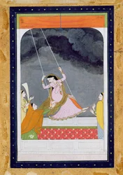 Dama na huśtawce, Kangra, wzgórza Pendżab ok. 1790 (nieprzezroczyste wc na papierze)