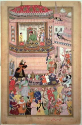 Akbar udzielający audiencji, autorstwa Husays Naggash i Kesu, z "Akbarnama", Mogołowie, ok. 1590 r.