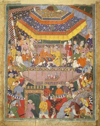 Alamshah rozmawia z Qubadem, ilustracja z Hamza Nama, ok. 1555-57 (kolor ciała na bawełnie)