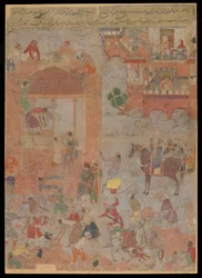 Anushirvan kładzie fundament pod Ktezyfon o godzinie pomyślnej, folio rękopisu, ok. 1560-1565 (nieprzezroczysta akwarela, tusz i złoto na tkaninie, oprawiona na tekturze)