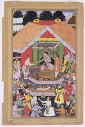 Cesarz Akbar (r.1556-1605) przyjmowany przez swojego przybranego brata Azima Khana w Dipalpur, Pendżab, 1571, z Akbarnamy wykonanej przez Abul Fazi, 1590-98 (nieprzezroczysta toaleta i złoto na papierze)