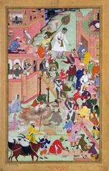Cesarz Akbar (r.1556-1605) podczas inspekcji prac budowlanych w Fatehpur Sikri, miasto ukończone 1584, z Akbarnama, 1590-98 (nieprzezroczyste wc i złoto na papierze)