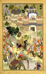 Triumfalny wjazd cesarza Akbarsa do Surat, z Akbarnamy wykonanej przez Abula Fazi (1515-1602) 1590-98 (nieprzezroczysta toaleta i złoto na papierze)