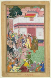 Fatehpur Sikri, 1573: Hussain Quli Khan-i Jahan przedstawiający swoich więźniów cesarzowi Akbarowi (r.1556-1605), z Akbarnamy wykonanej przez Abul Fazi, 1590-98 (nieprzezroczysta toaleta i złoto na papierze)