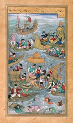 Sultan Bahadur i Rumi Khan skaczą do morza w otoczeniu portugalskich łodzi z Akbarnama