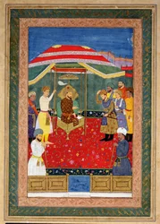 Cesarz Mogołów Babur (1526-30) siedzący na tronie odbierający księcia, Johnson Album I, nr 3 z numerem 65
