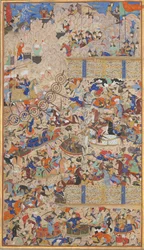 Bitwa między Irańczykami a Turańczykami, Folio z Księgi Królów Szahnamy, 1562-83. Twórcy: Muhammad ibn Taj al-Din Haidar Muzahhib Shirazi, Muhammad al-Qivam al-Shirazi.