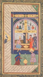 Zulaykha w swoim pałacu i jako stara kobieta z Józefem, z Panj Ganj Pięć skarbów..., 1603-1