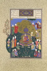 Buzurjmihr pojawia się na piątym zgromadzeniu Nushirvana, Folio 622r z Shahnama..., ca. 1530-3