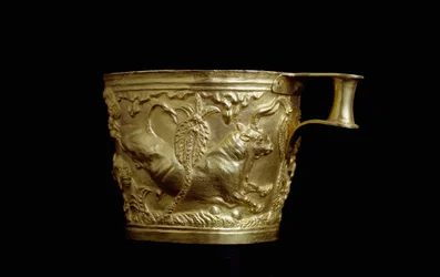 Sztuka mykeńska: złoty puchar zdobiony płaskorzeźbą byka z Vapheio, mykeńskiej fortecy na południe od miejsca Sparty. 1500 pne Ateny, Narodowe Muzeum Archeologiczne