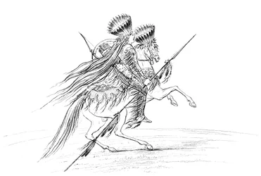 Indiański mężczyzna z bronią i nakryciem głowy, na koniu, 1841.