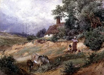 Dzieci i osły przy domku Heath