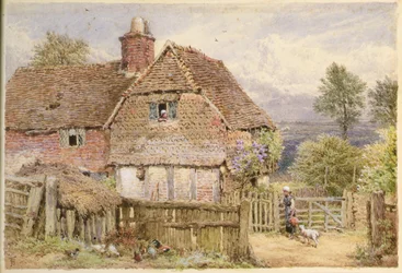 Dziewczyna z jagnięciną przy Farmhouse (ołówek i akwarela)