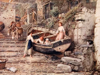 Widok Clovelly, z unieruchomioną łodzią i figurami, 1882