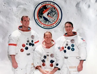 Załoga misji Apollo 15 w Manned Spacecraft Center, Houston, Teksas, 1971.