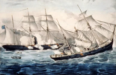 Amerykański slup wojenny w pobliżu Cherbourga we Francji, niedziela 19 czerwca. 1864. Ilustracja autorstwa Currier & Ives. ok. 1864.