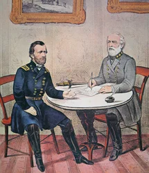 Generał Robert E. Lee (1807-70) poddaje się generałowi Ulyssesowi S. Grantowi (1822-85) w gmachu sądu Appomattox, 9 kwietnia 1865 (kolor lito)